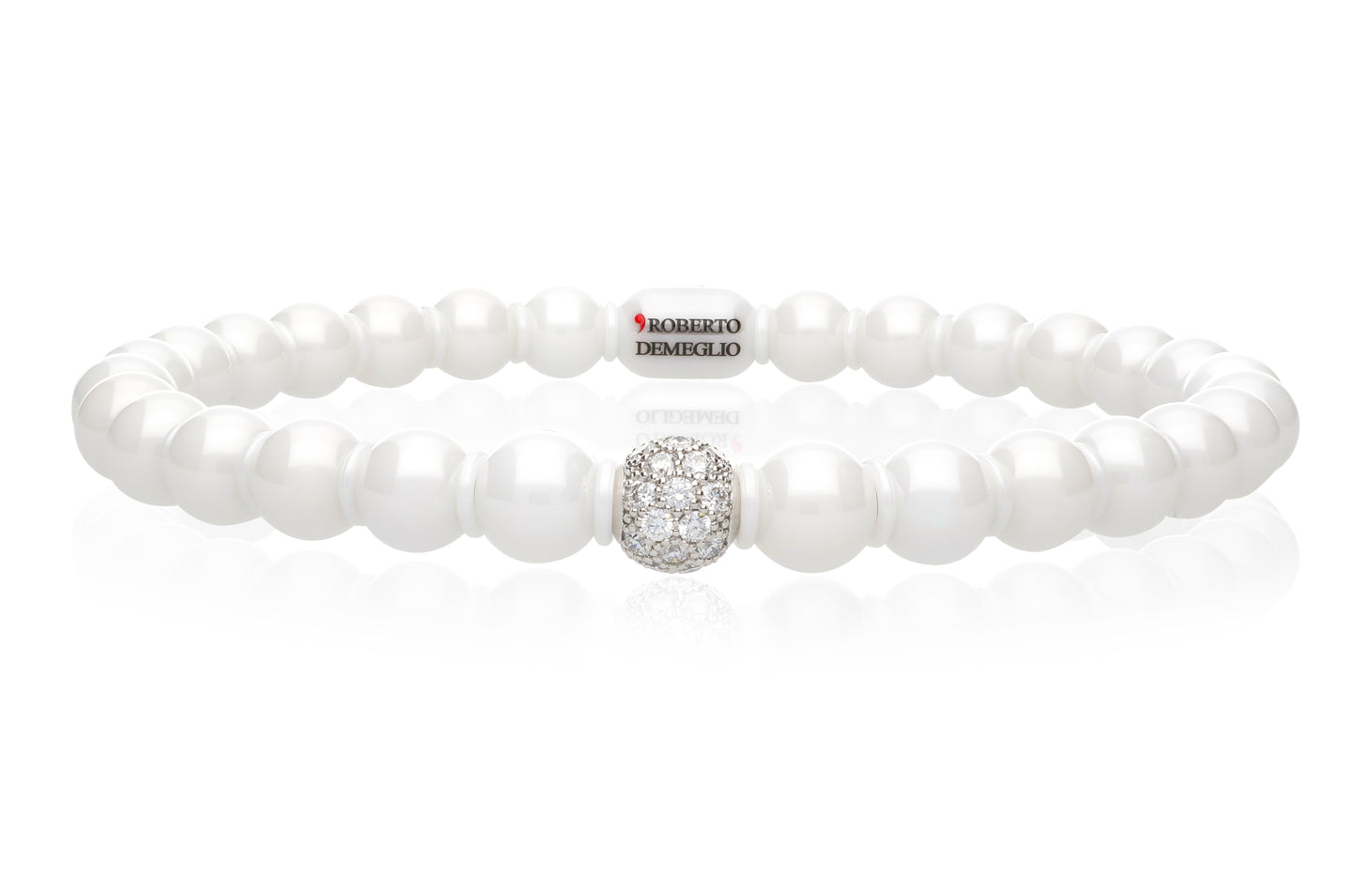 White Ceramic Bead Stretch Bracelet with 1 Diamond Bead