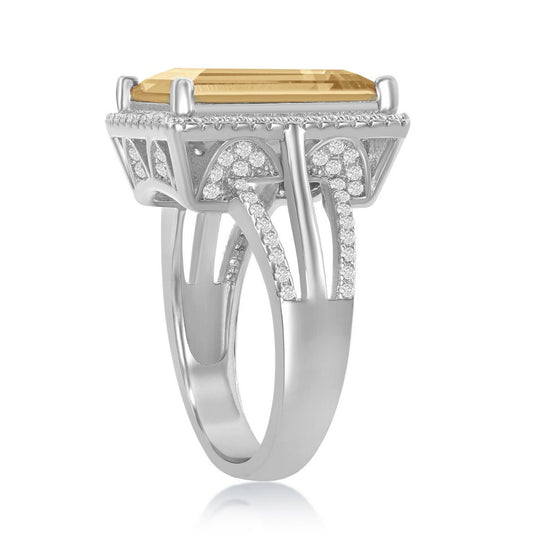 Sterling Silver 14x10mm Emerald-Cut Halo CZ - Golden Shadow Swarovski Element Ring