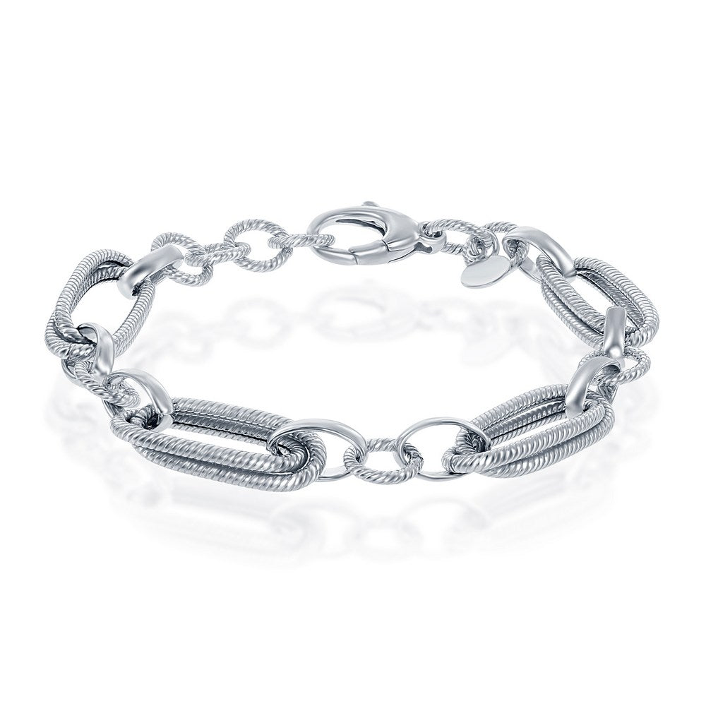 Sterling Silver Rope Design Oval and Round Linked Bracelet, MADE IN ITALY