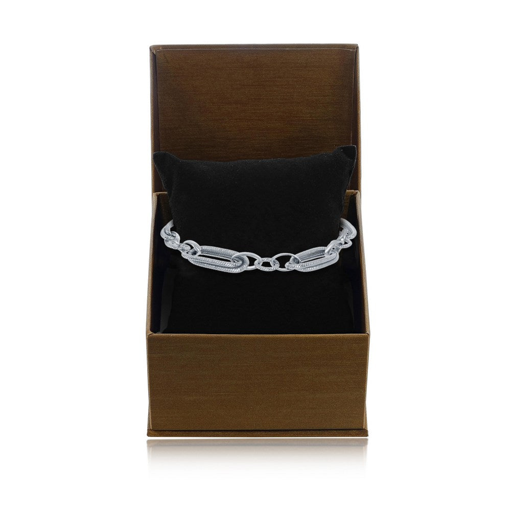 Sterling Silver Rope Design Oval and Round Linked Bracelet, MADE IN ITALY