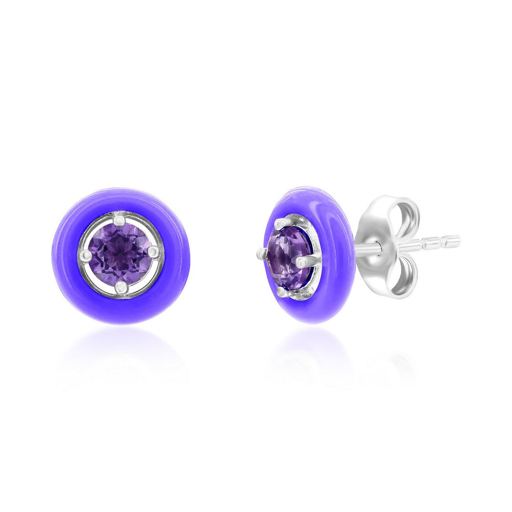 Sterling Silver Enamel & Gemstone Halo Studs - Light Amethyst