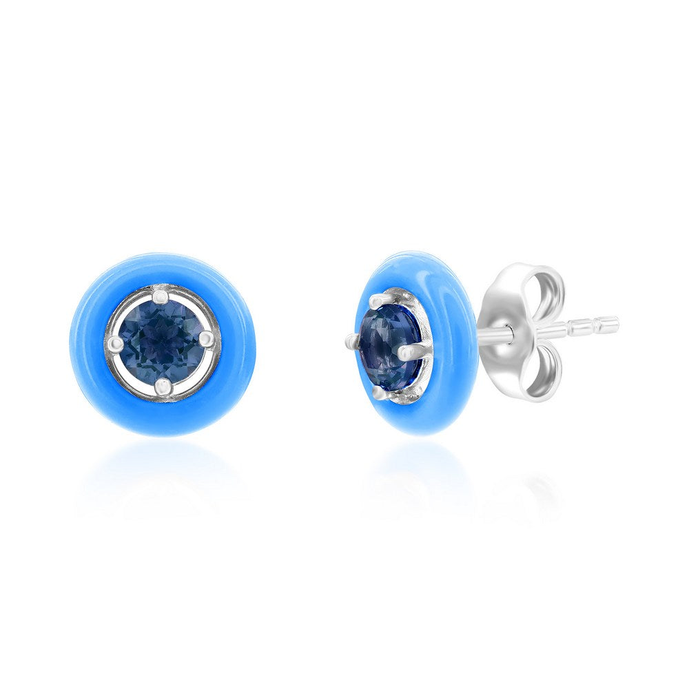 Sterling Silver Enamel & Gemstone Halo Studs - London Blue Topaz
