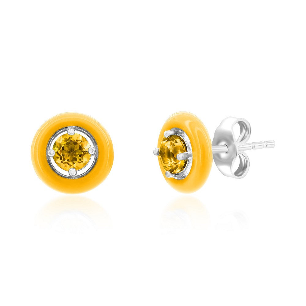 Sterling Silver Enamel & Gemstone Halo Studs - Citrine