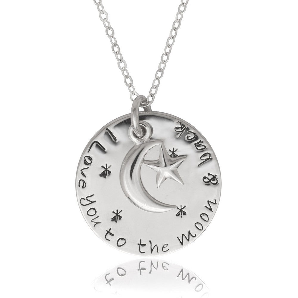 Sterling Silver Disc with "I Love You to The Moon And Back" with Small Crescent and Star