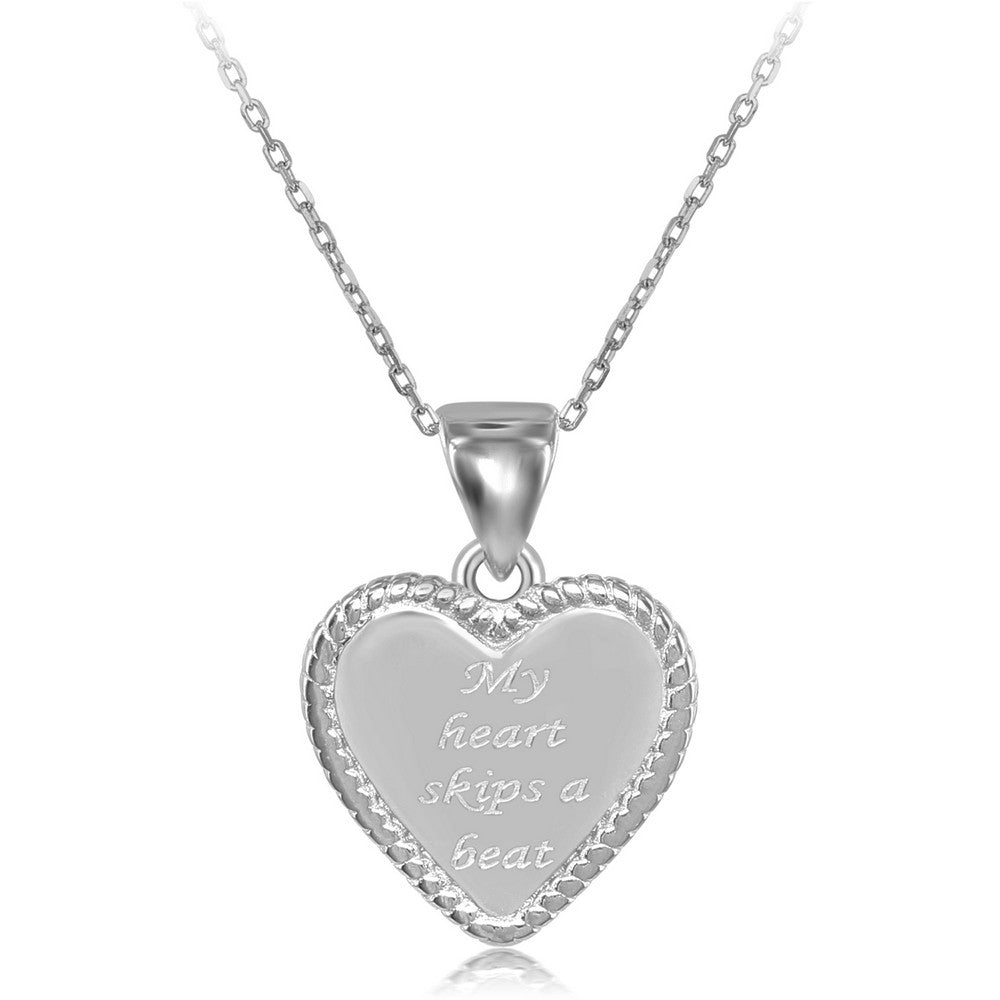 Sterling Silver Rope Border Heart "My Heart Skips a Beat" Pendant W/Chain