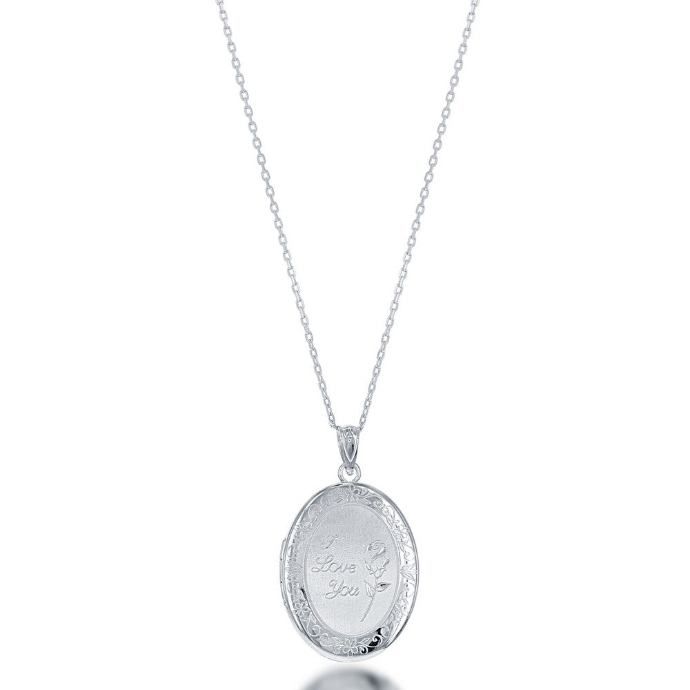 Sterling Silver "I Love You" with Rose Oval Locket W/chain