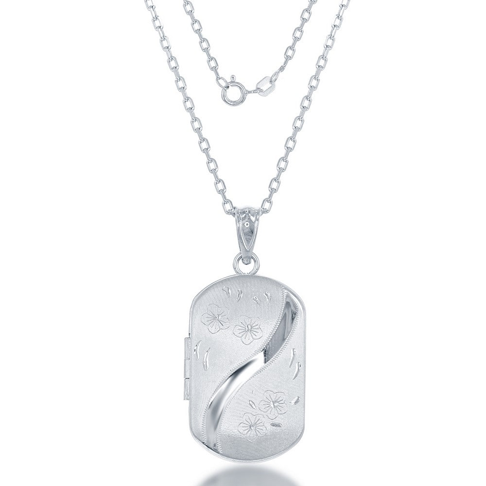 Sterling Silver, Diamond Cut Flower Designed Rectangular Locket w/Chain