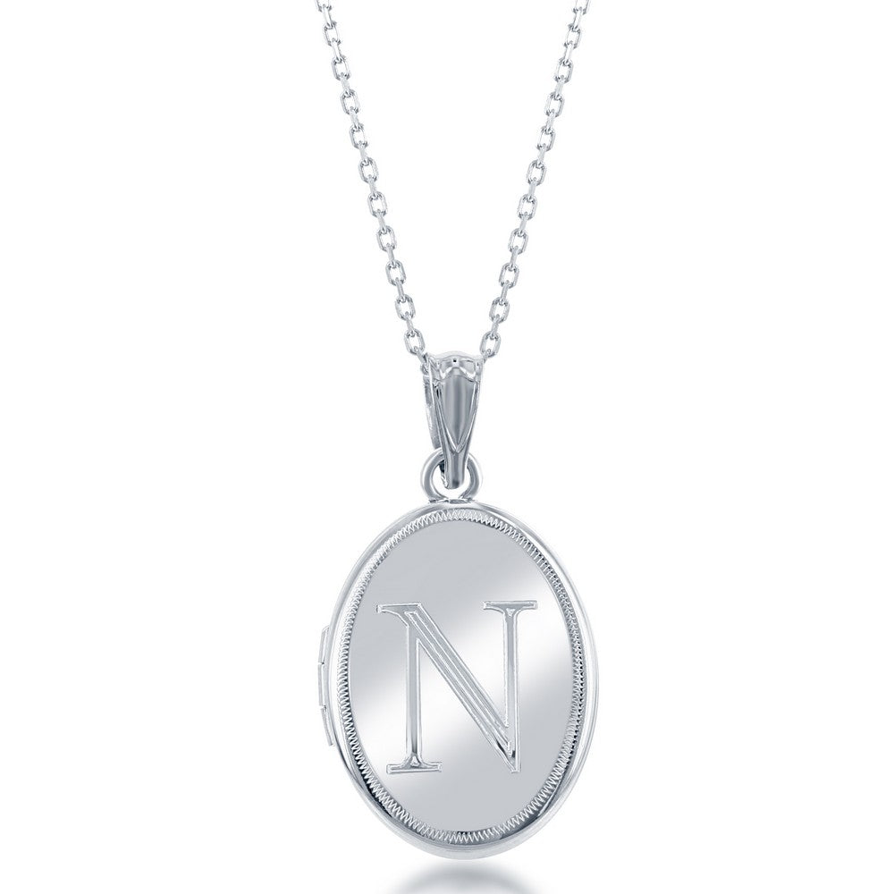 Sterling Silver Shiny Oval with Center "N" Initial Locket W/Chain