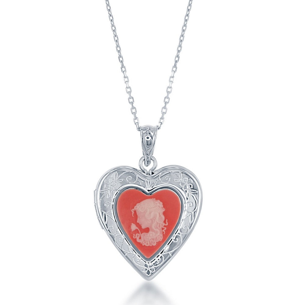 Sterling Silver Pink Stone Cameo Heart Locket W/chain