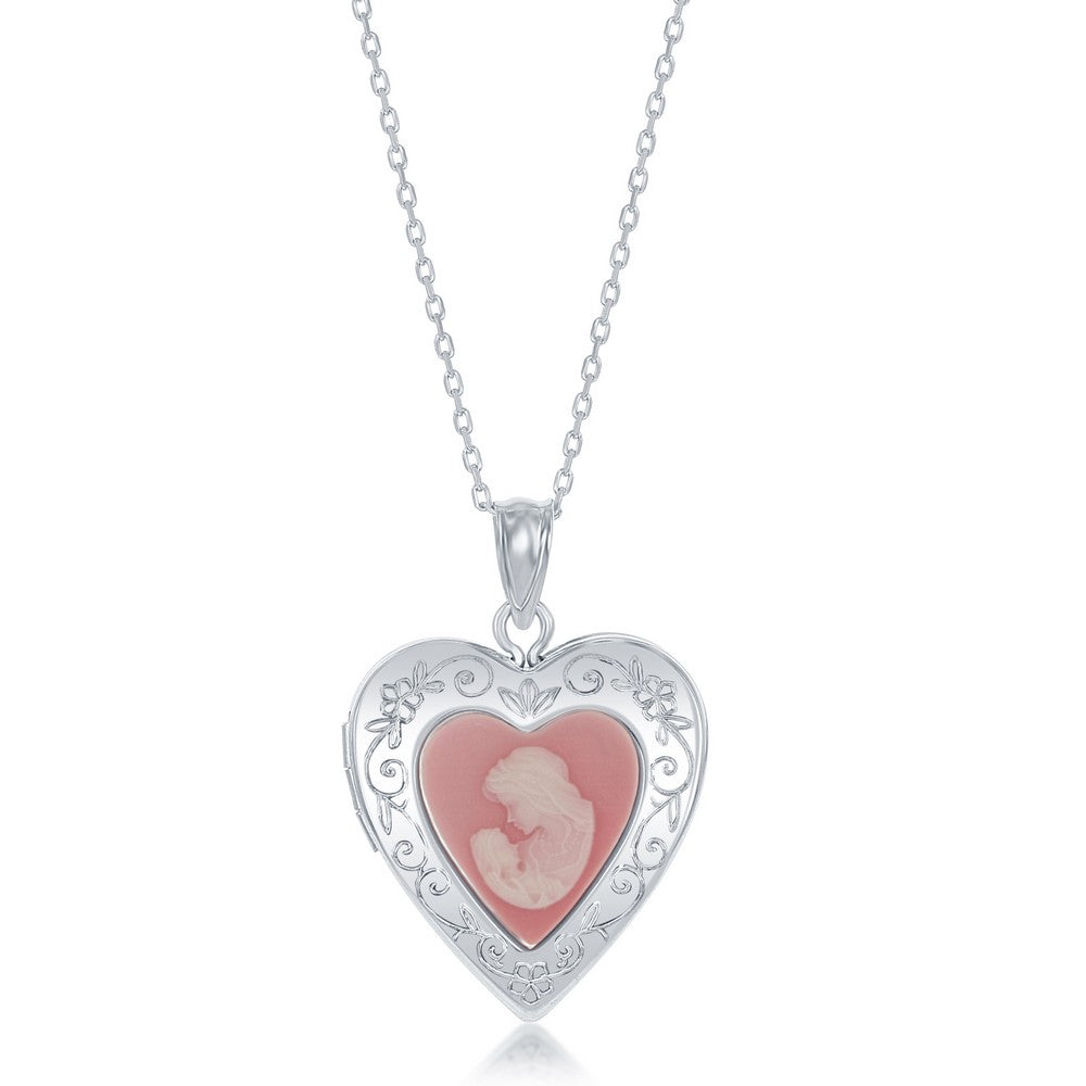 Sterling Silver Pink Stone Mother & Child Cameo Heart Locket W/chain