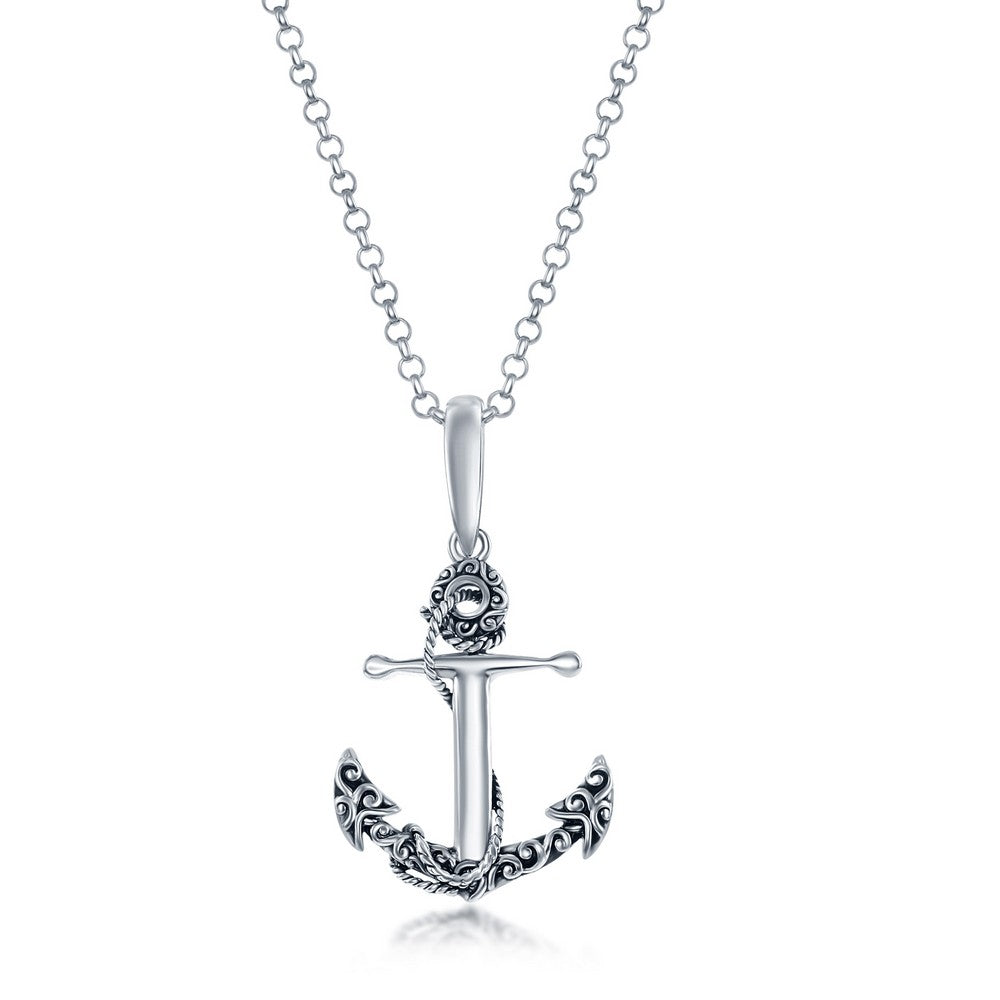 Sterling Silver, Detailed Oxidized Anchor Pendant
