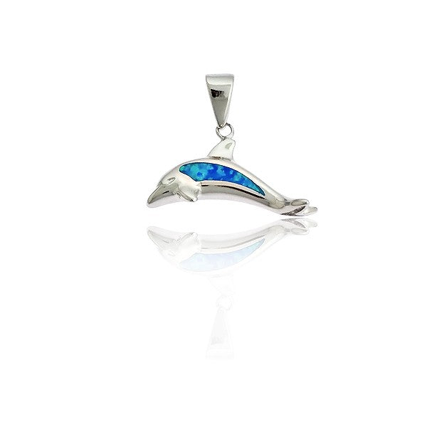 Sterling Silver Blue Inlay Opal Leaping Dolphin Pendant