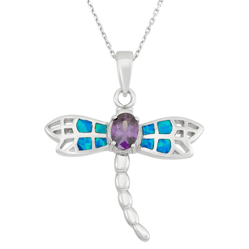 Sterling Silver Blue Inlay Opal Dragonfly w/ Center Oval Amethyst CZ Pendant