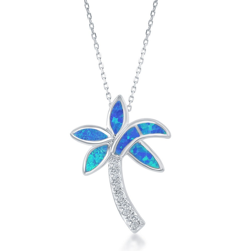 Sterling Silver Blue Inlay Opal and CZ Palm Tree Pendant