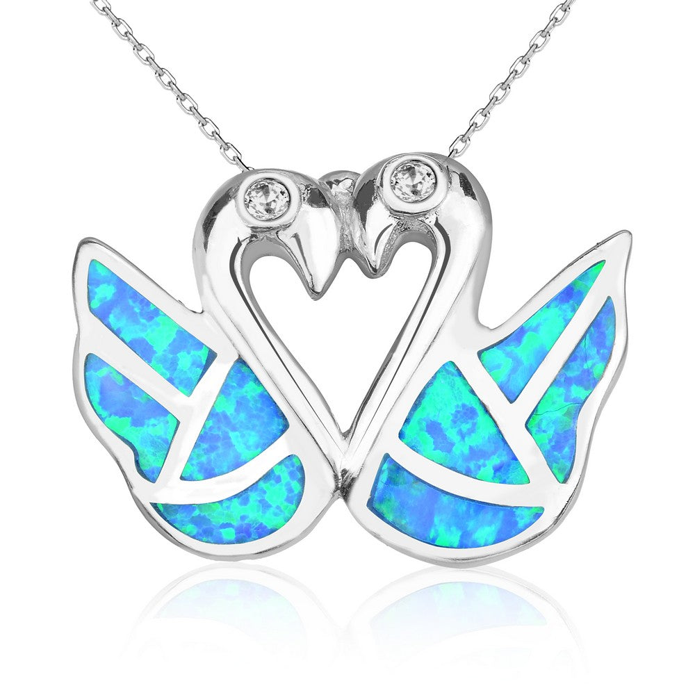 Sterling Silver Blue Inlay Opal Swans w/ CZ Forming Heart Pendant