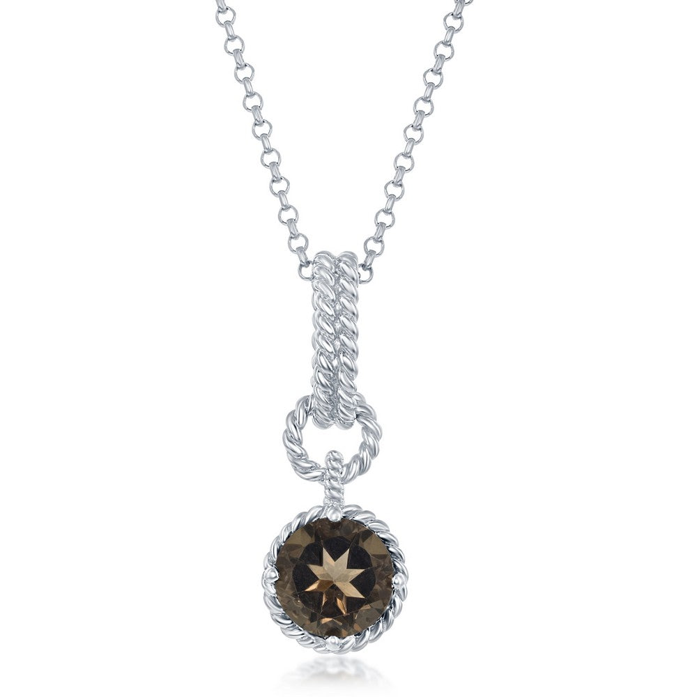 Sterling Silver Round Gem Twisted Wire Circle Pendant - Smokey Topaz