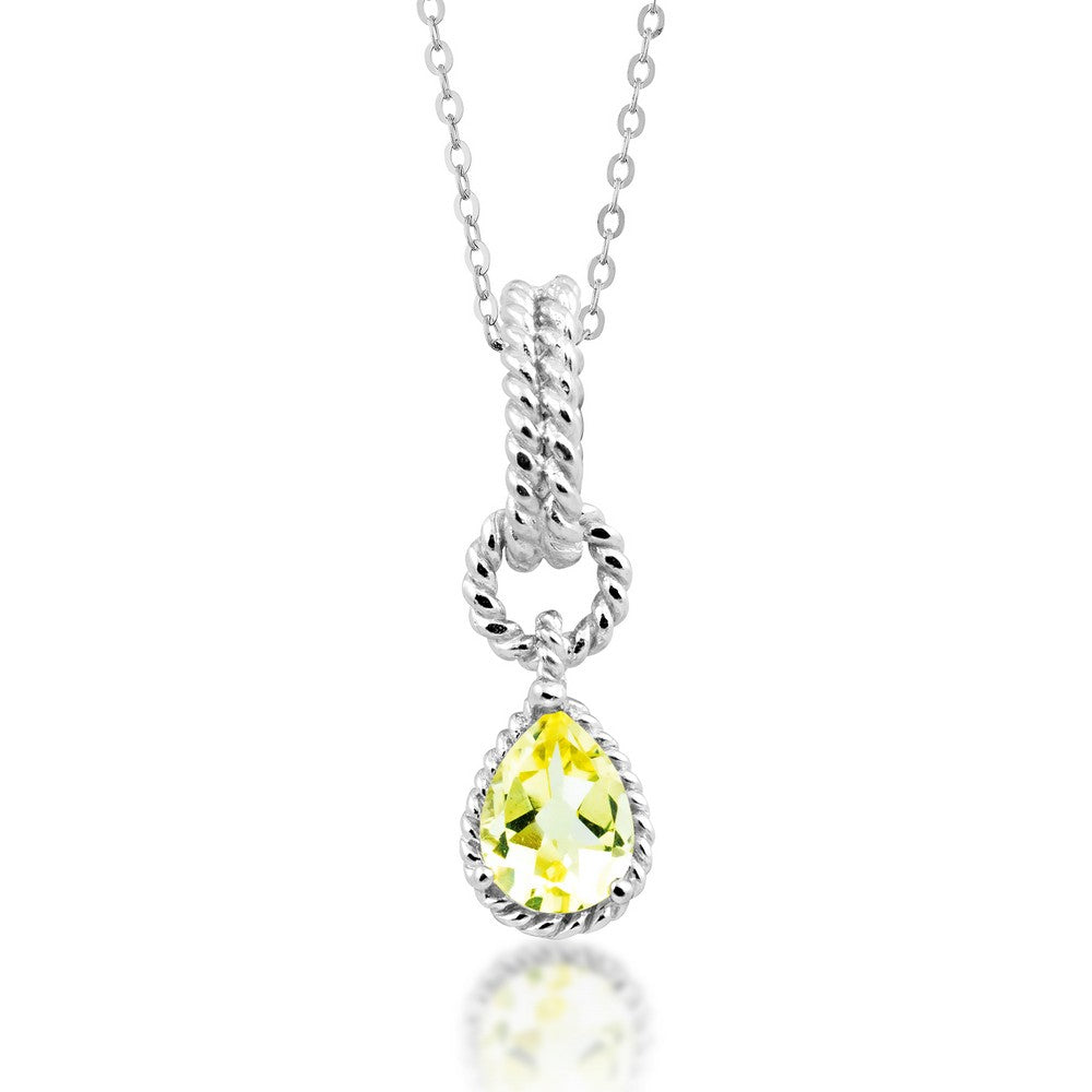 Sterling Silver Pear Shaped Gem, Wire Pendant - Lemon Quartz