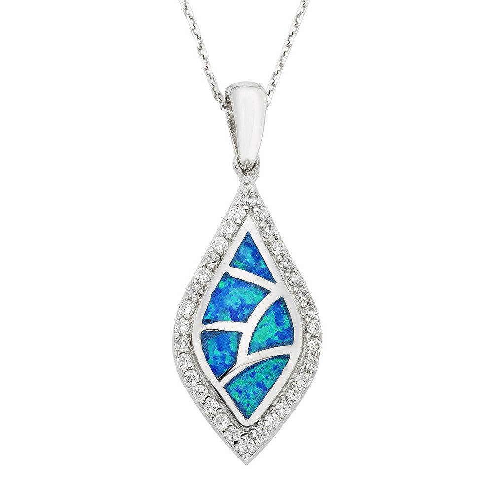 Sterling Silver Blue Inlay Opal w/ CZ Border Pendant