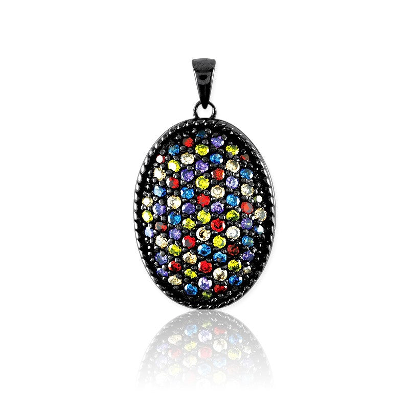Sterling Silver Black Rhodium and Multi Colored CZ Oval Pendant