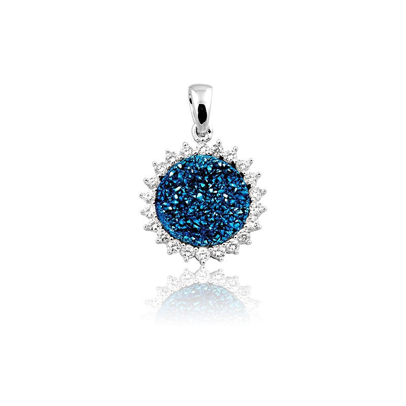 Sterling Silver Round Dark Blue Druzy w/Cz All Around Pendant