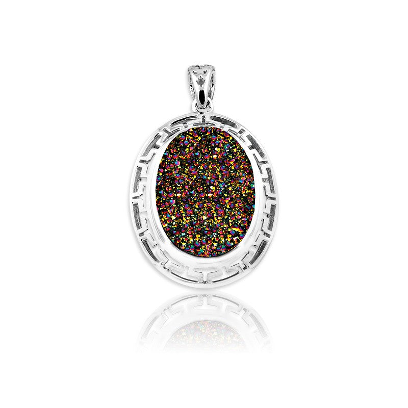 Sterling Silver Open Design Around w/Rainbow Druzy Center Oval Pendant