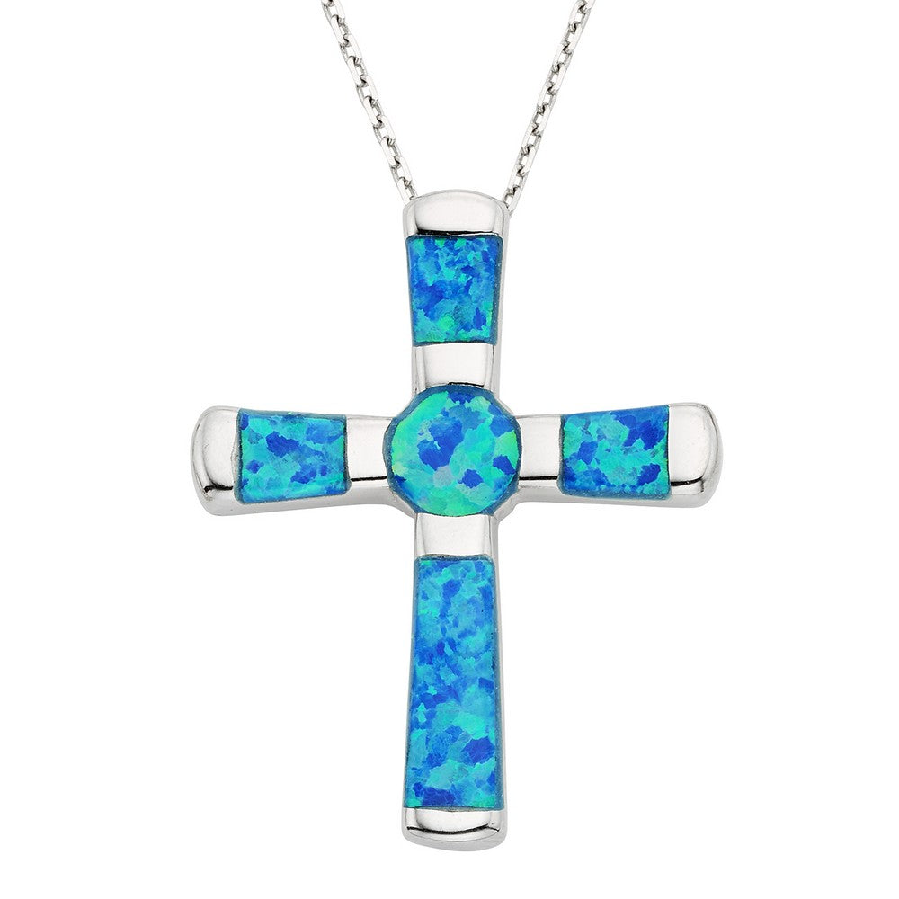 Sterling Silver Blue Inlay Opal Cross Pendant
