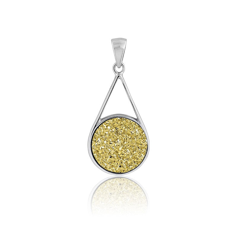 Sterling Silver Open Teardrop w/Round Gold Druzy Pendant