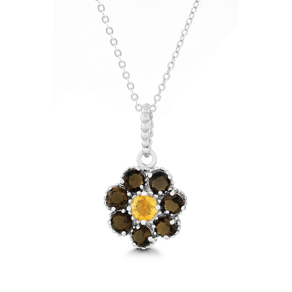 Sterling Silver Smokey Petals with Citrine Center Flower Pendant