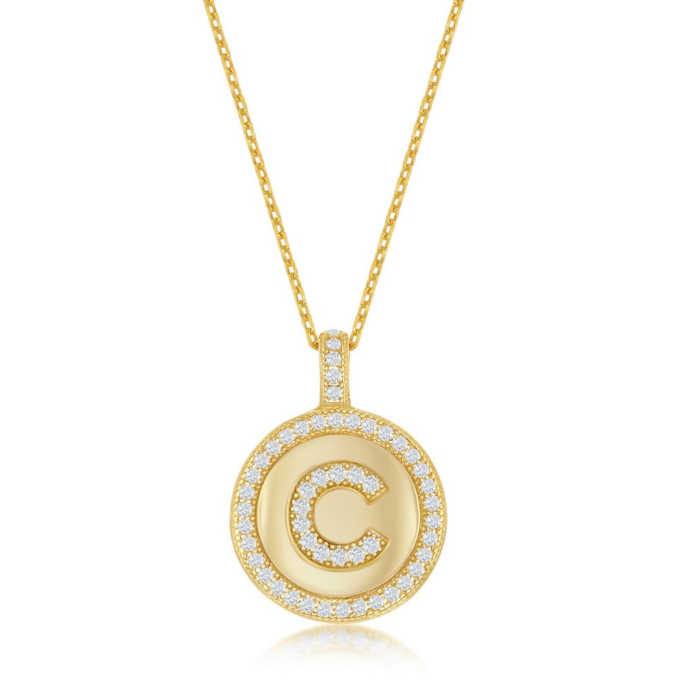 Sterling Silver Micro Pave Circle "C" Pendant W/ Chain - Gold Plated