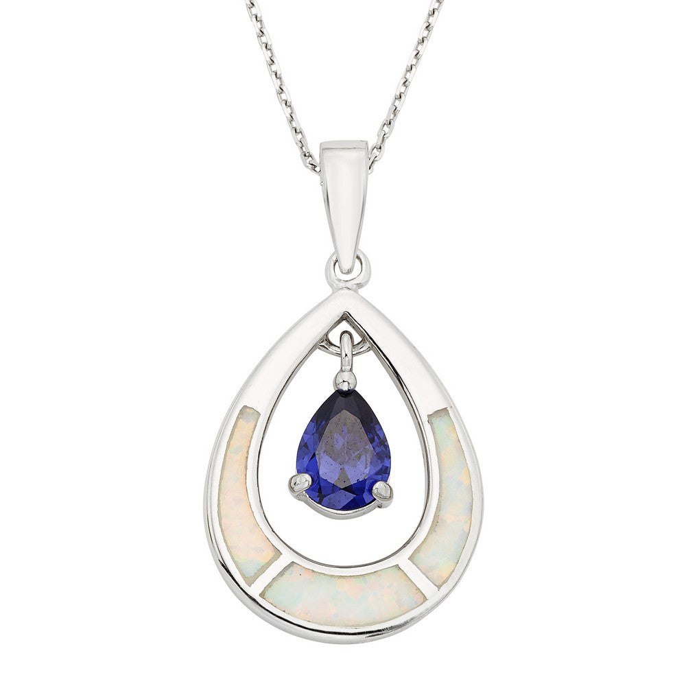 Sterling Silver White Inlay Opal Open Oval w/Blue Teardrop CZ Pendant