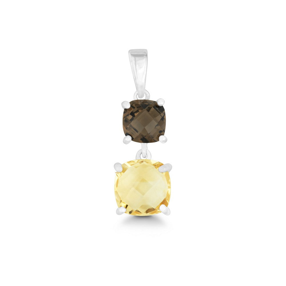 Sterling Silver Square Smokey and Citrine Prong Set Double Pendant