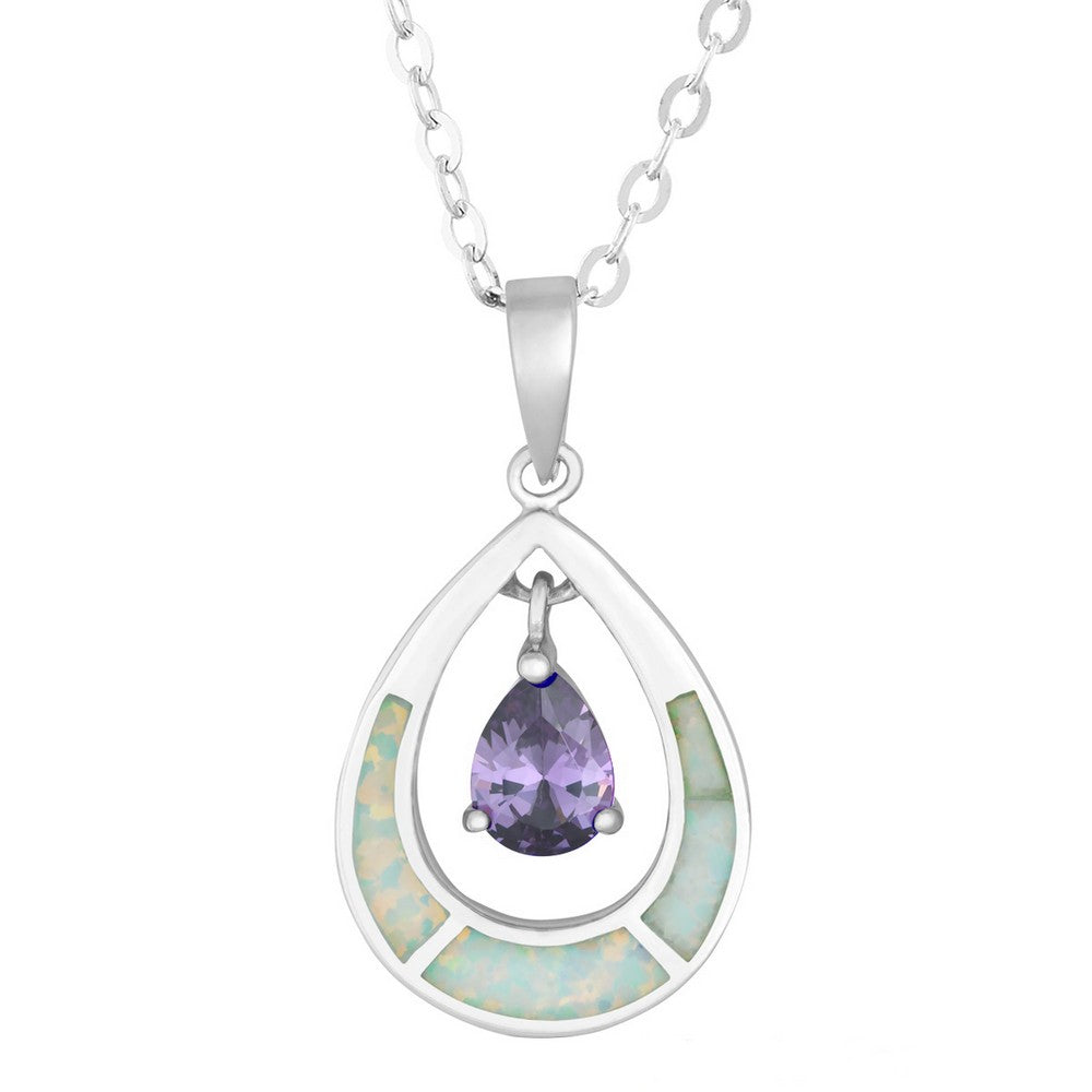 Sterling Silver White Inlay Opal Open Oval w/Purple Teardrop CZ Pendant