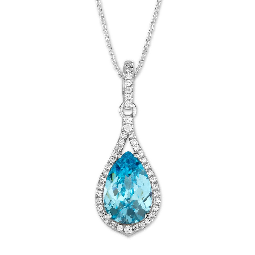 Sterling Silver Teardrop Clear CZ with Center Bright Blue CZ Pendant