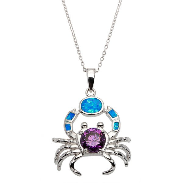 Sterling Silver Blue Inlay Opal with Purple CZ Crab Pendant