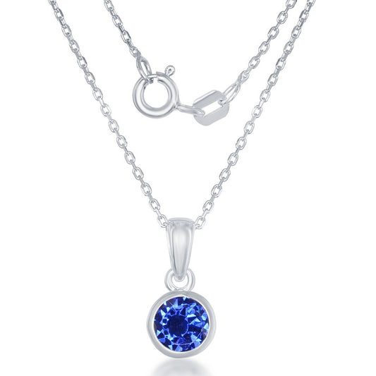 "September" Created Sapphire Bezel Set Pendant W/chain