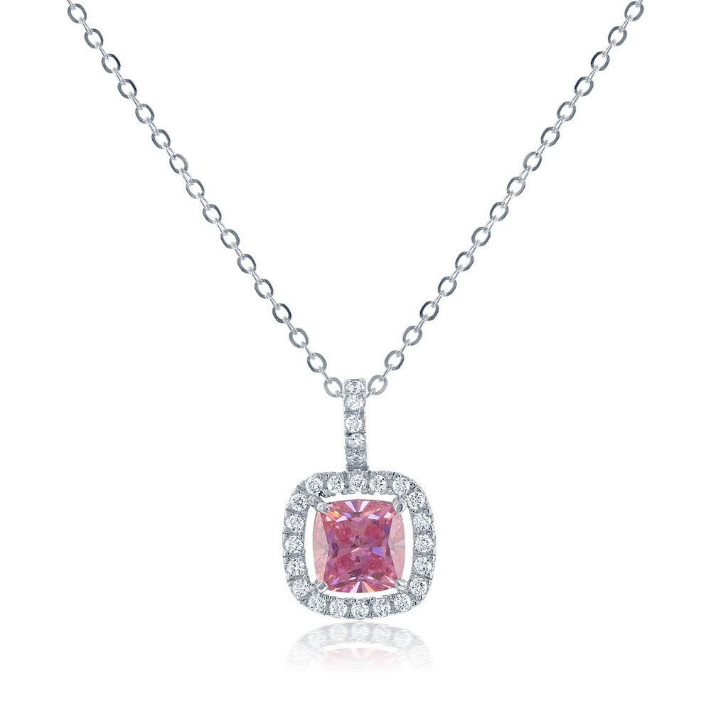 Sterling Silver White CZ Square Pendant - Pink