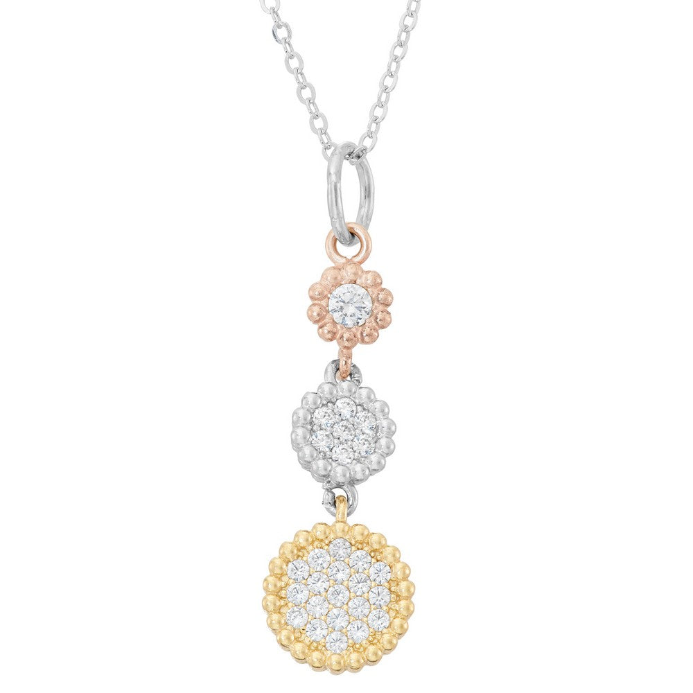 Sterling SilverTri Color Triple Round CZ with Beaded Border Pendant