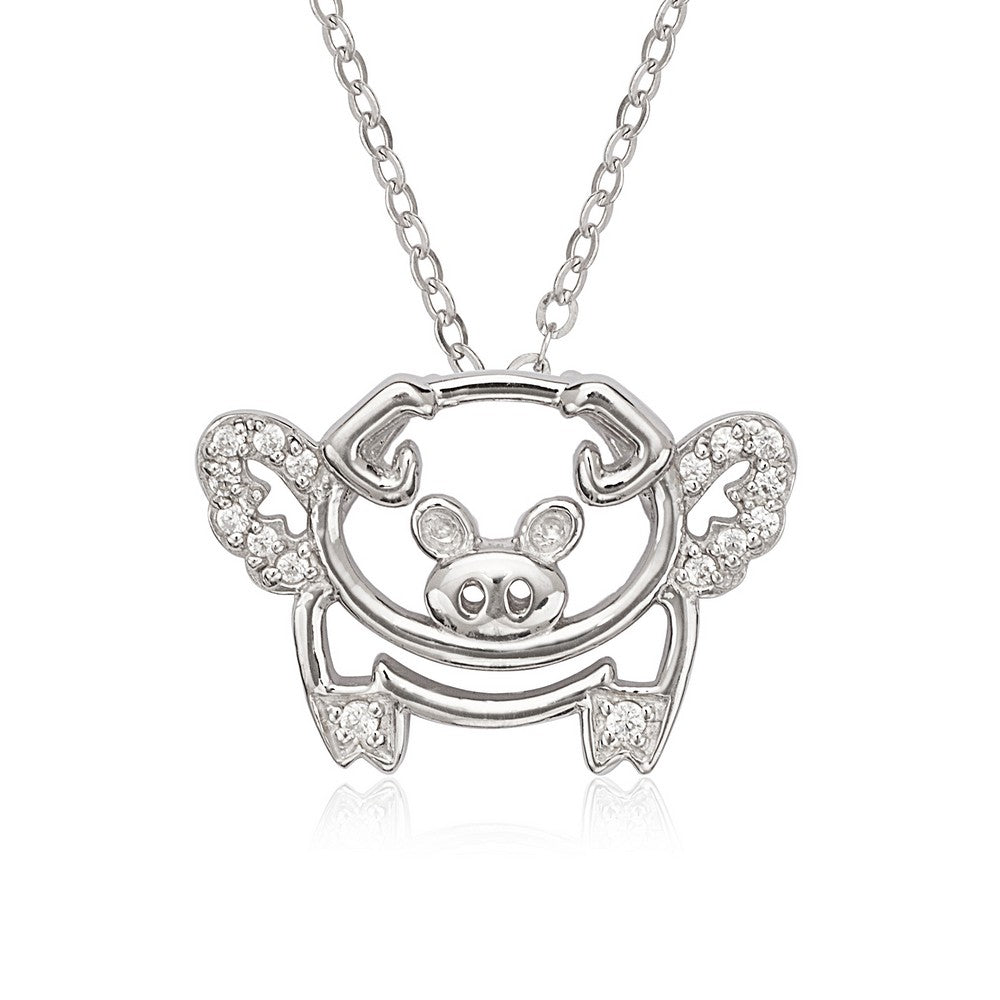 Sterling Silver Open Flying Pig with Pave and CZ Pendant