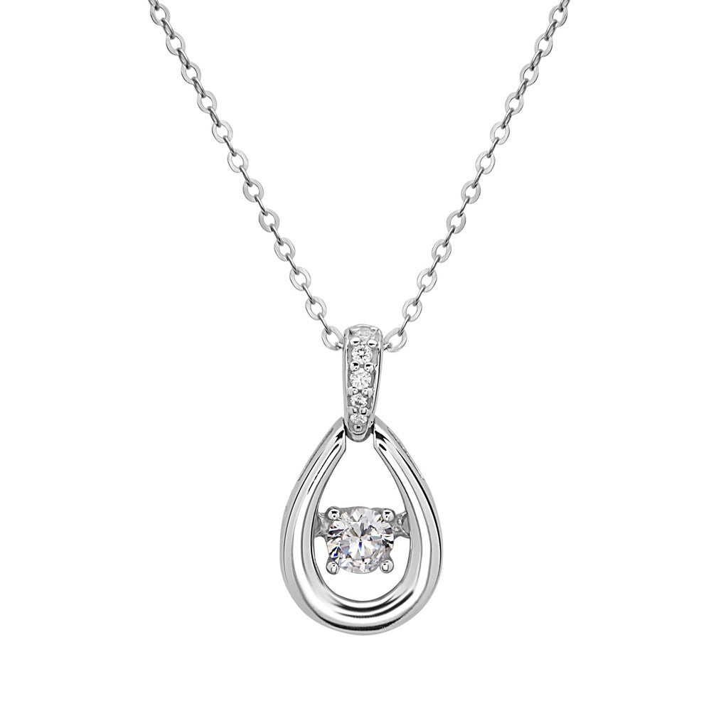 Sterling Silver Open Teardrop with Center Dancing CZ Pendant W/Chain