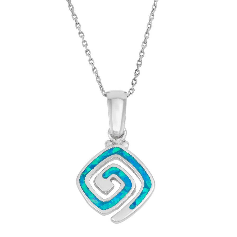 Sterling Silver Small Blue Inlay Opal Square Swirl Pendant