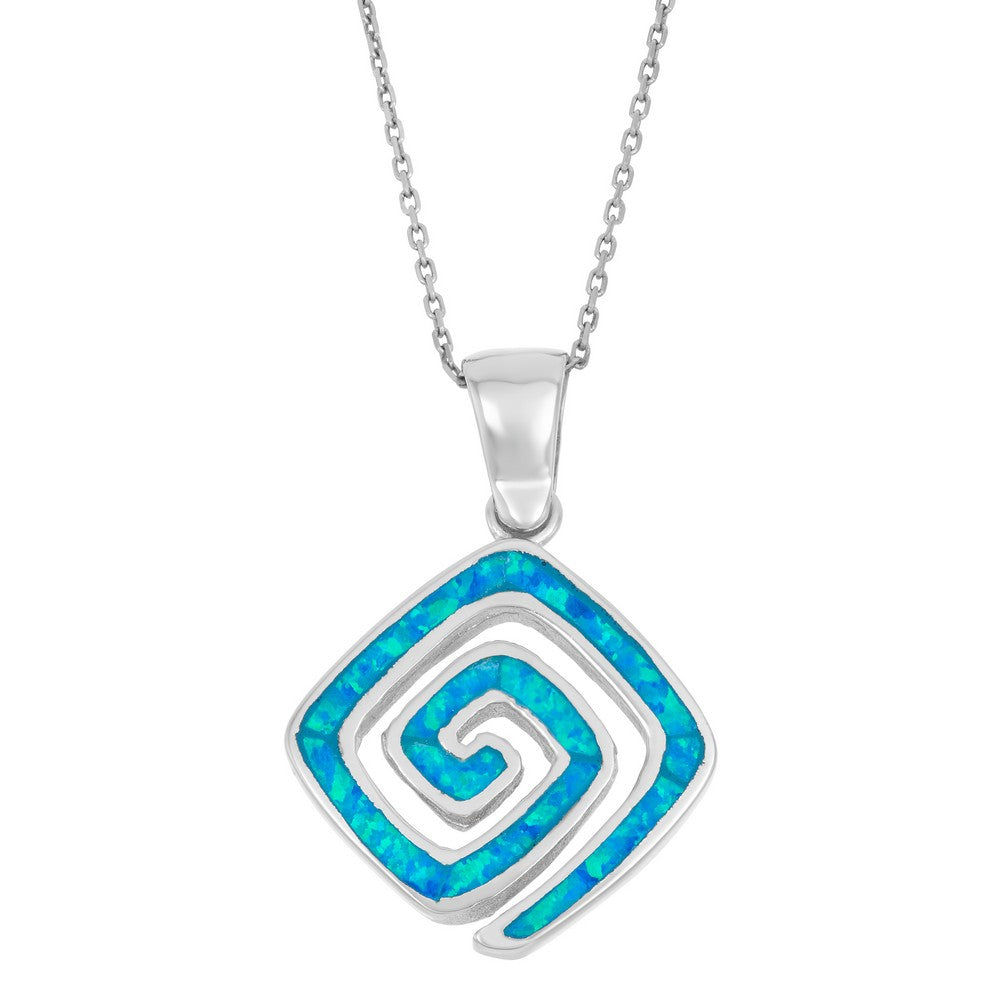 Sterling Silver Blue Inlay Opal Square Swirl Pendant