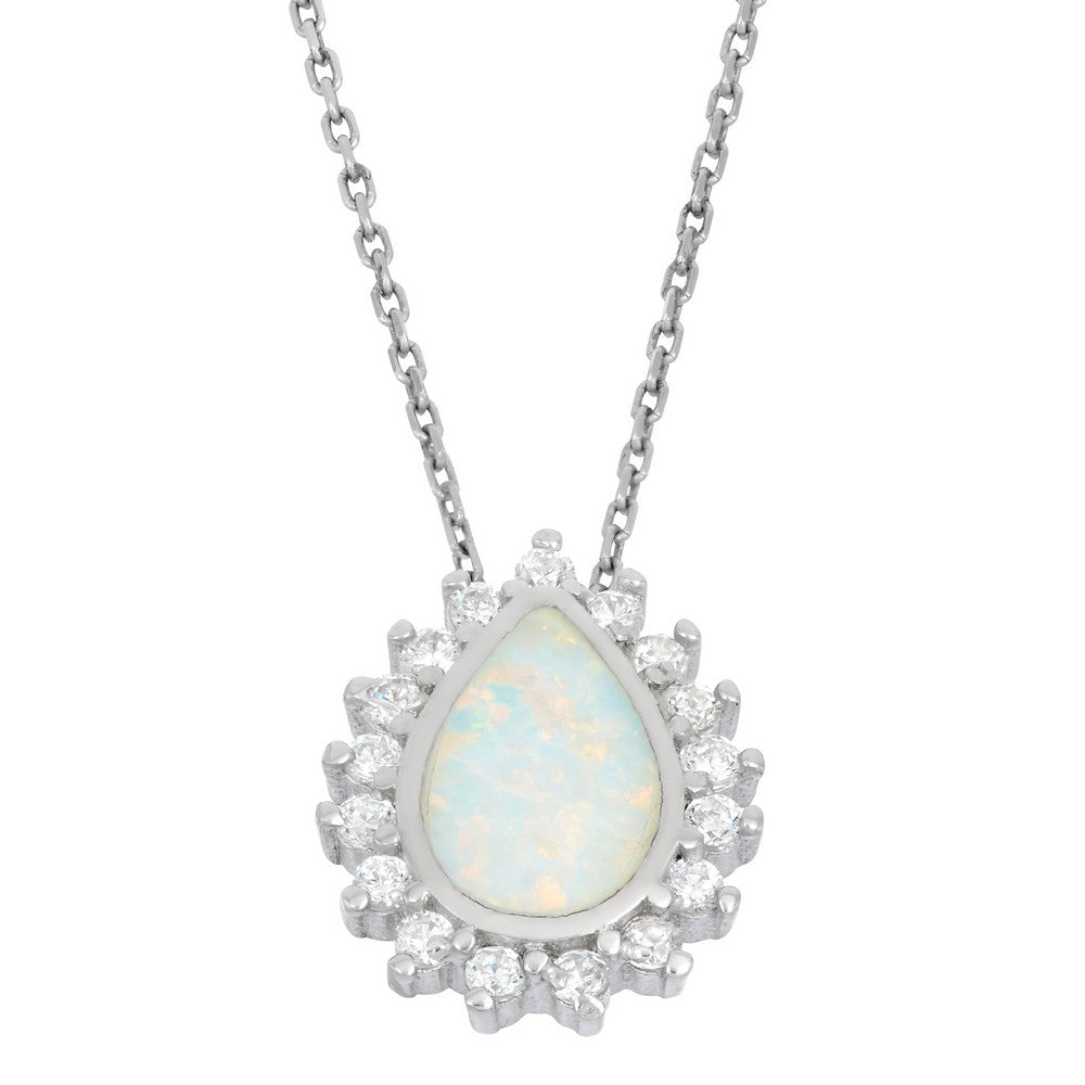 Sterling Silver White Inlay Opal Teardrop with CZ Border Pendant