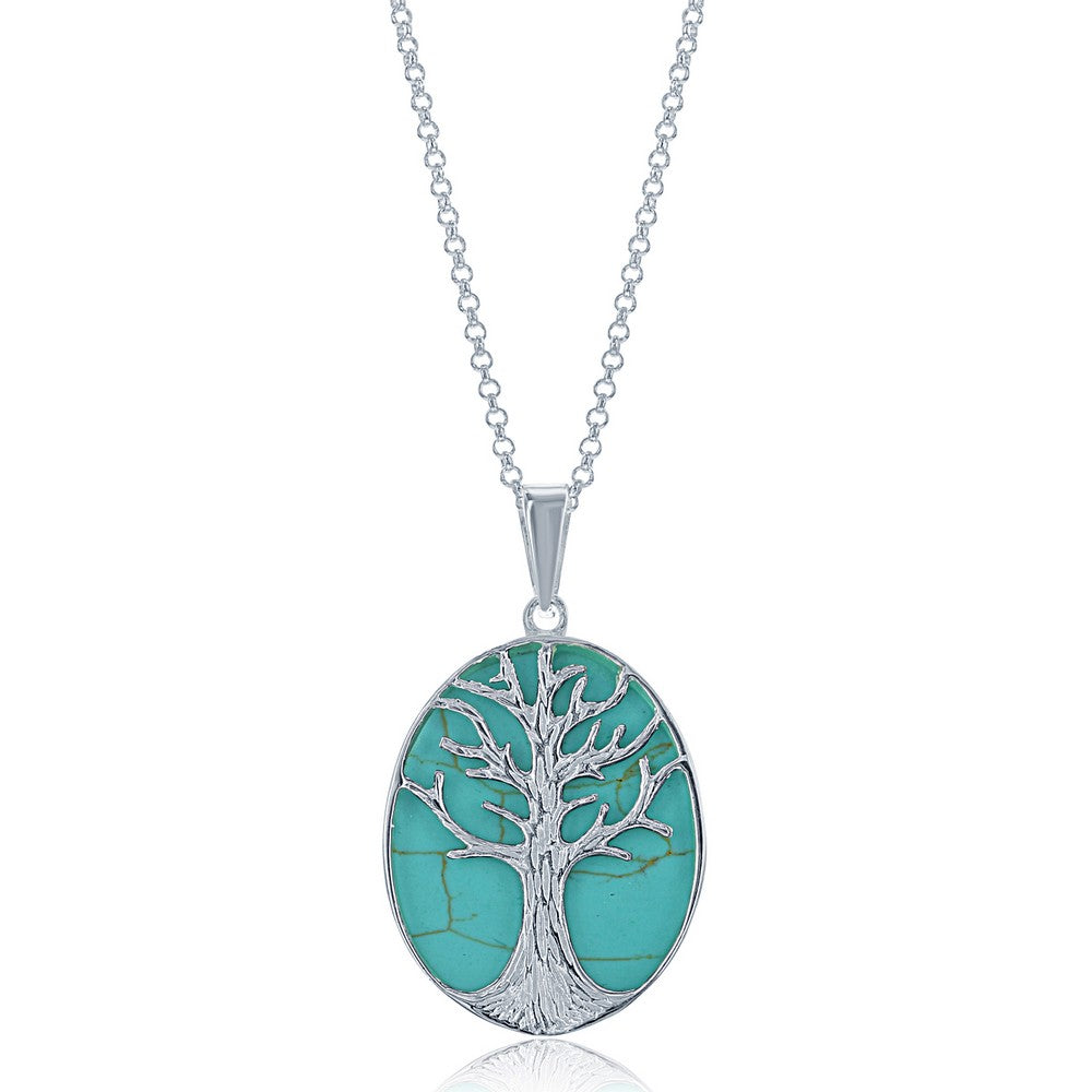 Sterling Silver Large Oval Created Green Turquoise with Tree Pendant W/Chain