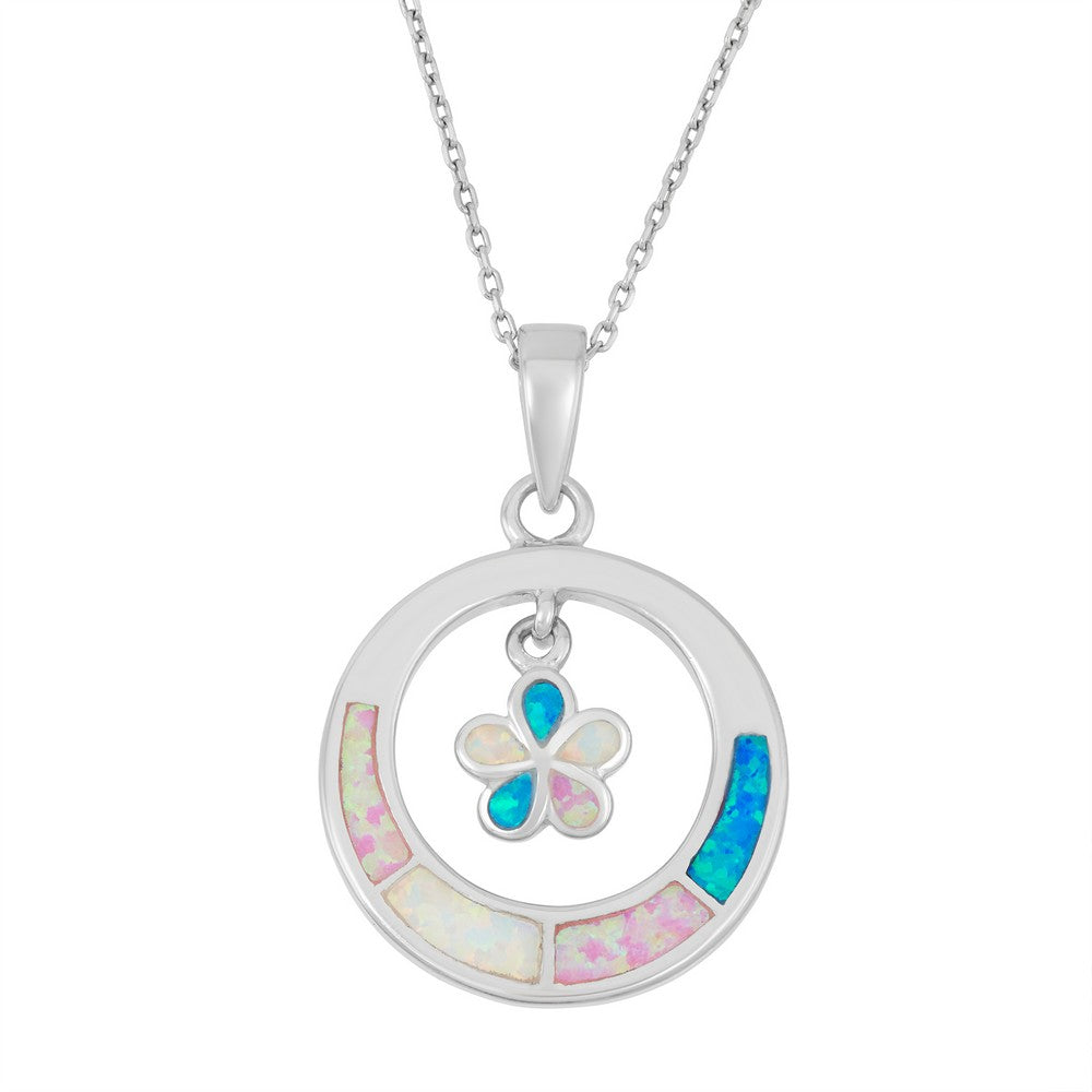 Sterling Silver White, Pink, and Blue Inlay Opal Small Flower Inside Open Circle Pendant