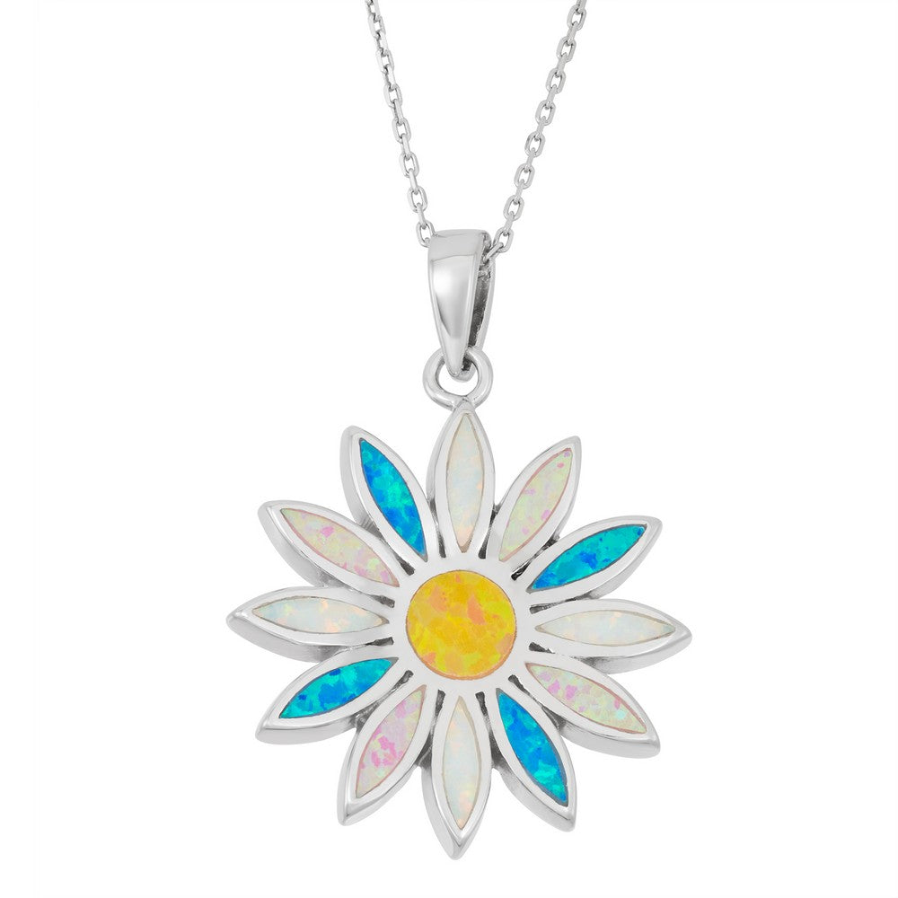 Sterling Silver White, Pink, and Blue Inlay Opal Sun Pendant