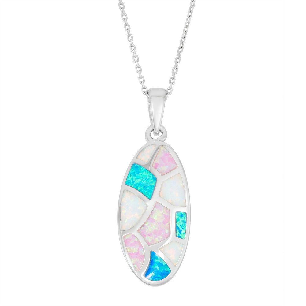 Sterling Silver White, Pink, and Blue Inlay Opal Oval Mosaic Style Pendant