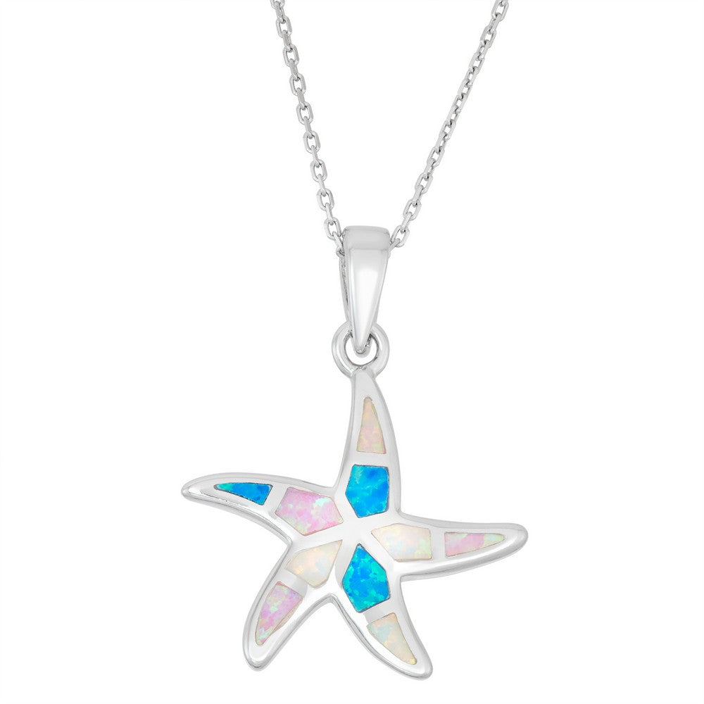 Sterling Silver White, Pink, and Blue Inlay Opal Starfish Pendant