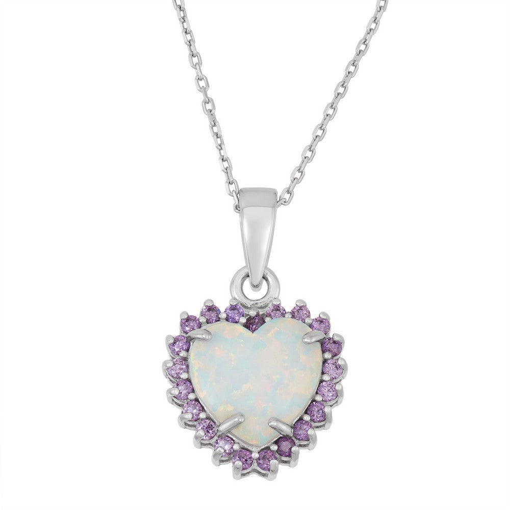 Sterling Silver White Inlay Opal with Amethyst CZ Border Heart Pendant