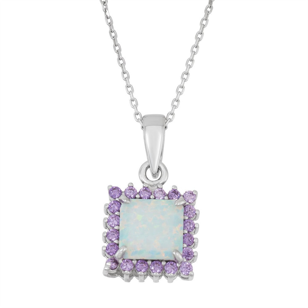 Sterling Silver White Inlay Opal with Amethyst CZ Border Square Pendant