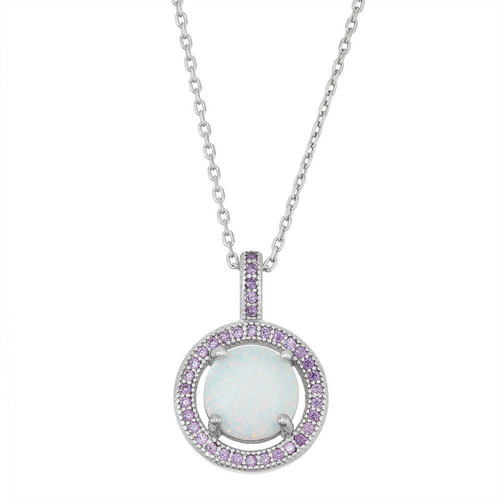 Sterling Silver Round White Inlay Opal with Amethyst Micro Pave CZ Border Pendant